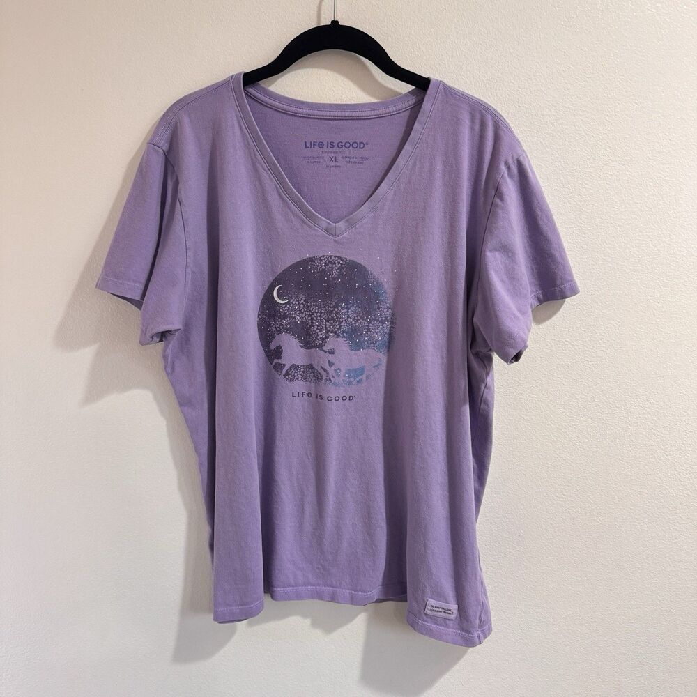 Life is Good T-shirt Women's XL Crusher Tee Purple Blue V-neck Wild Horses Moon